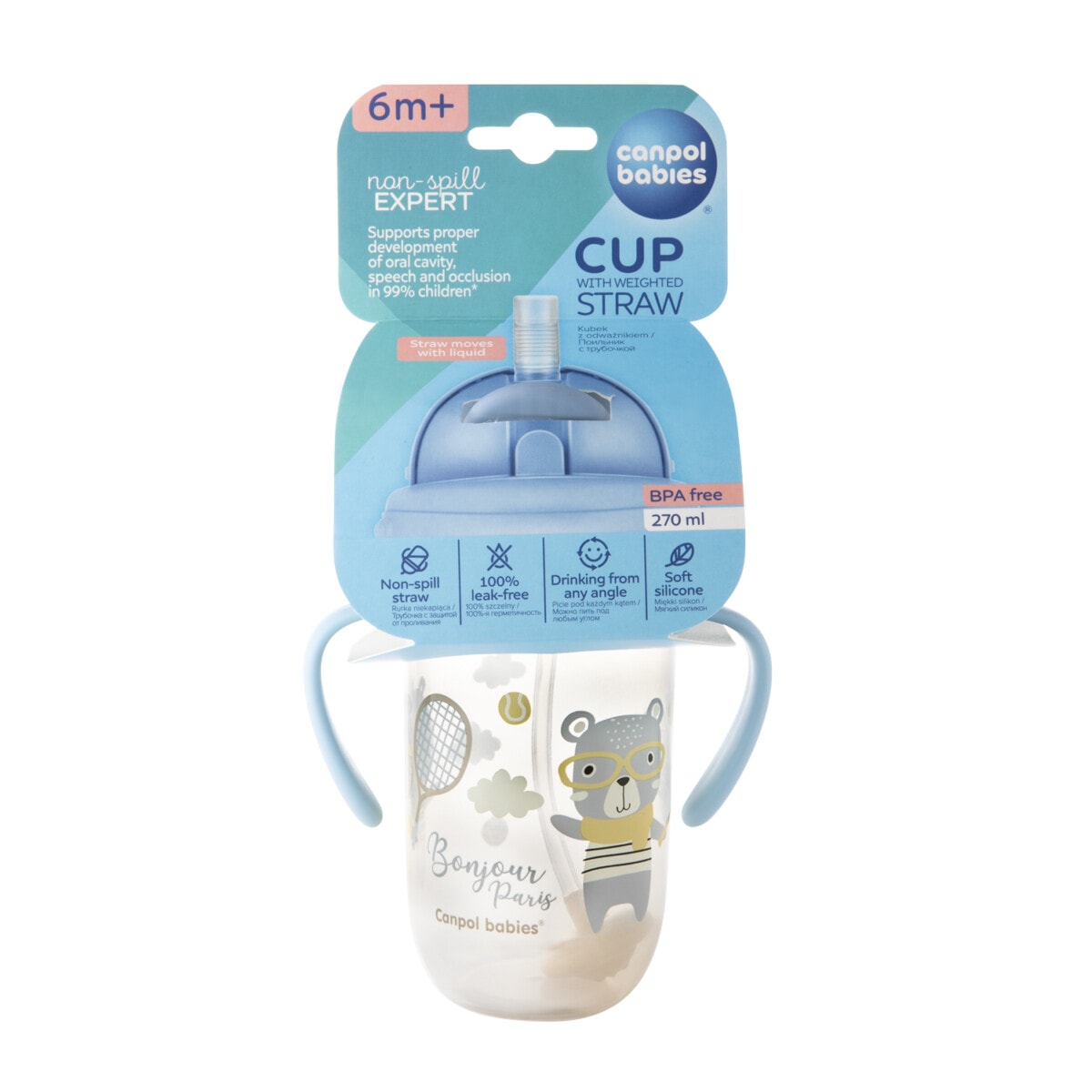 Canpol Tasse Anti Fuite avec Paille Lestée Bonjour Paris Bleu 270ml 56