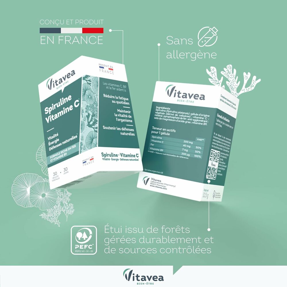 Vitavea spiruline vitamine c fer vitamine b9 30 gélules