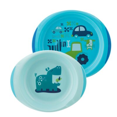 Chicco ensemble assiettes plate et creuse décorées bébés 12+ mois bleu