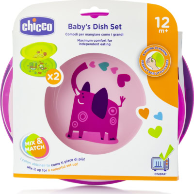 Chicco ensemble assiettes plate et creuse décorées bébés 12+ mois rose