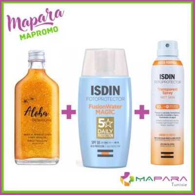 Trio aloha gold + isdin écran invisible + isdin spray solaire