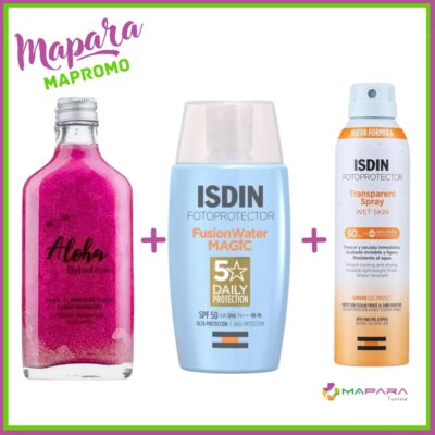 Trio aloha pink + isdin écran invisible + isdin spray solaire