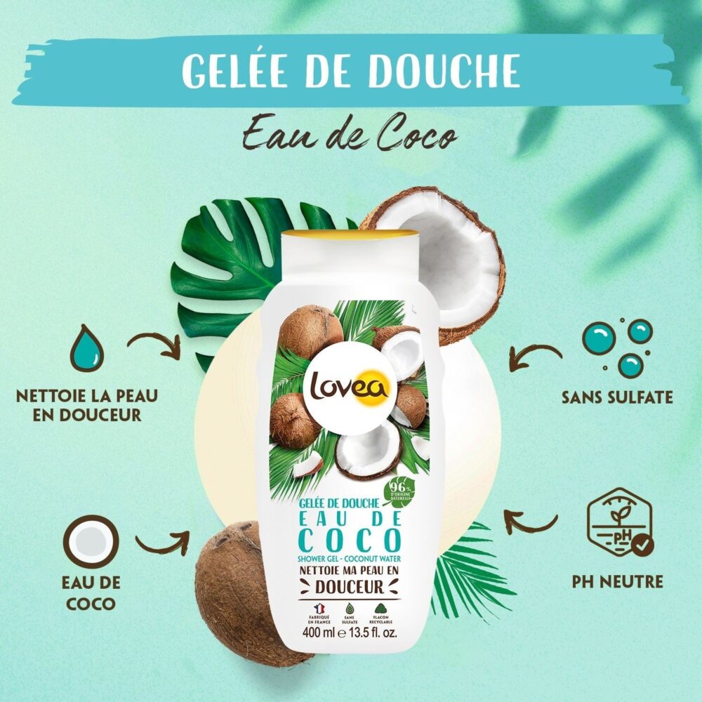 Lovea gelée de douche eau de coco ph neutre sans sulfate 400ml