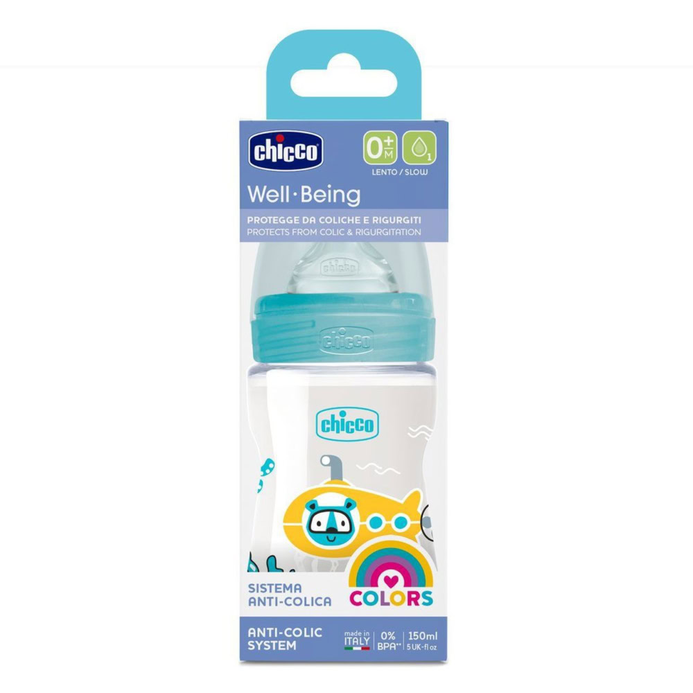 Chicco well being biberon flux lent 0m+ bleu 150ml