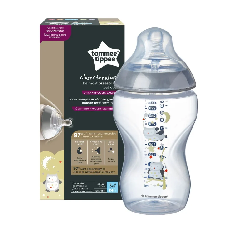 Tommee tippee closer to nature biberon chouette gris 3m+ 340ml